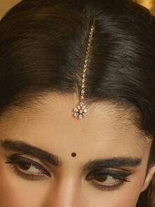 1pc Popular Pearl Forehead Chain Exotic Style Bridal Hair Clip Straight Clip Elegant Accessory For Women Hairpin - Gold - View 1
