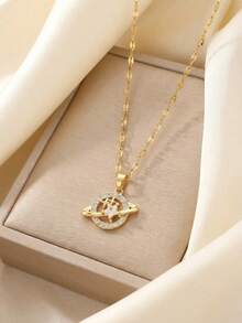 1pc Elegant And Charming Personalized Copper Set Zirconia Moon Star Pendant Necklace Children's Necklace Girl Birthday Gift Valentine's Day Jewelry Beach Vacation Jewelry Accessories - Gold - View 2