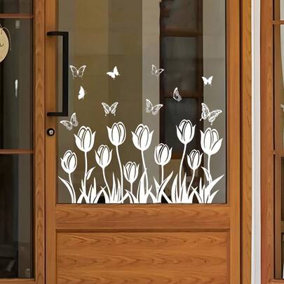 1/3 piezas Pegatinas de ventana con tulipanes blancos y flores silvestres, pegatinas de vidrio estático con mariposas, calcomanías reutilizables sin pegamento para la cocina, la sala de estar, la ventana y la puerta corrediza, película de privacidad