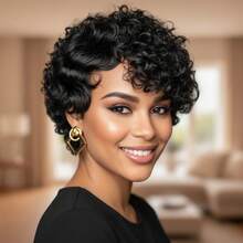 Summer Style Short Pixie Cut Wig Burgundy Red Afro Short Curly Black Wigs Side Part Curly Bangs Synthetic No Glue Brown Wigs Natural Looking Cosplay Hair Wig Short Burgundy Curly Wigs Wine Red Pixie Cut Wigs With Side Bangs Easy To Wear - ĐEN3 - Xem 1