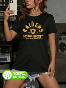 女士 Lozanov 81 号图案圆领短袖休闲夏季 100% 纯棉上衣，激情比赛 T 恤，球迷礼物，冰球爱好者 T 恤，波士顿黑色 T 恤 - 黑色 - 查看 2