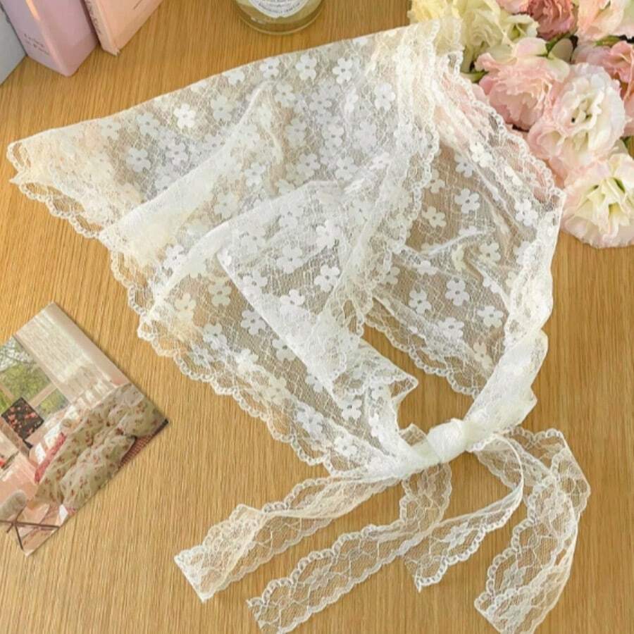 2026 French Lace Triangular Scarf, Spring New Arrival Women's Silk Scarf, Countryside Plaid Headscarf - Apricot - View 1
