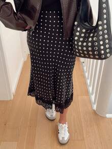 Women Satin Lace Trim Midi Skirt Polka Dot Print High Waist Long A-Line Skirts Vintage Silk Going Out Dress Y2k Streetwear Party Clubwear - 黑白-A - 查看 7