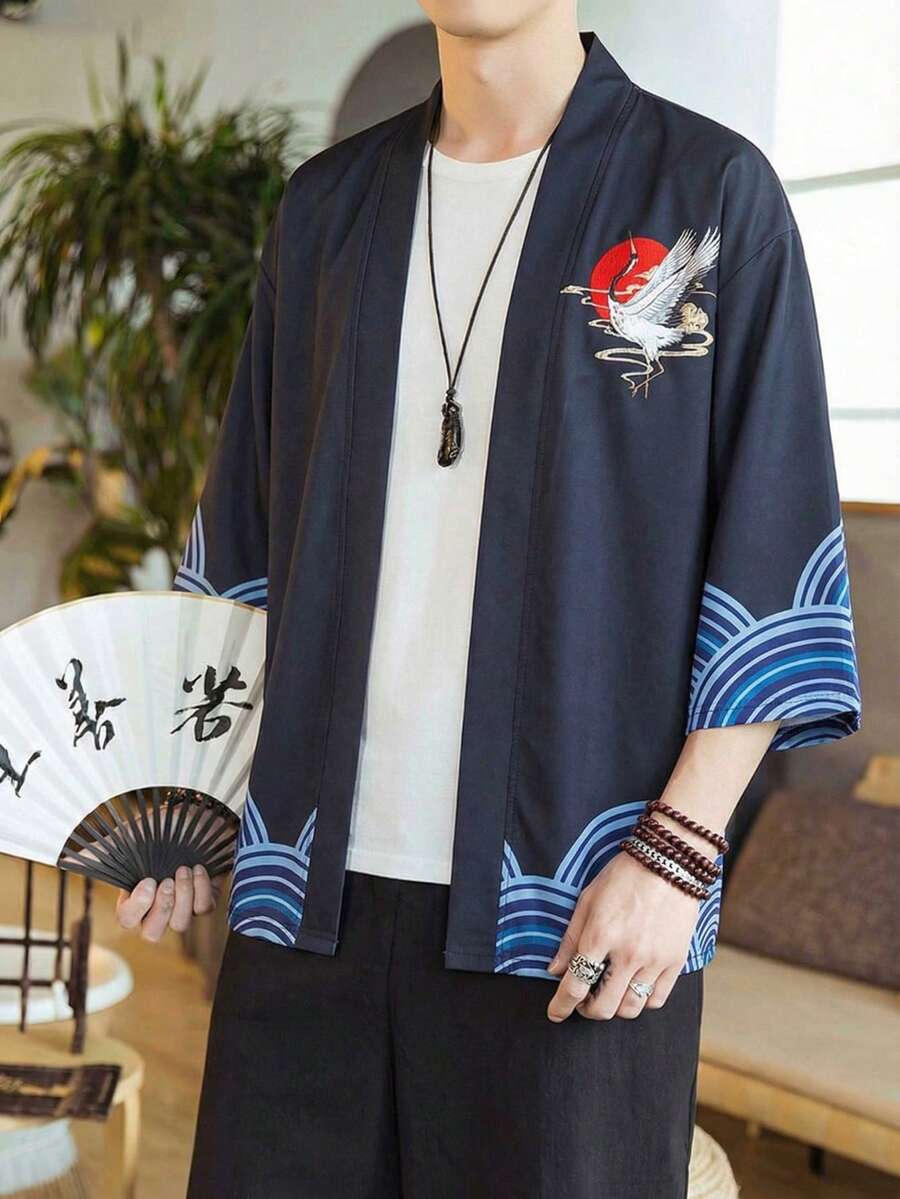 Áo choàng tay lửng 3/4 in hình mặt trời đỏ và chim hạc theo phong cách Ukiyo-E Nhật Bản, kiểu dáng rộng rãi, áo khoác kimono gió cho nam giới. - màu đen - Xem 1