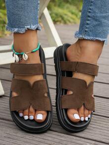 Pantuflas básicas diarias cómodas de suela plana y gruesa de ante sintético con cierre de gancho y bucle ajustable, zapatos de primavera, zapatos de vacaciones, zapatos casuales, zapatos de playa, zapatos casuales de campus, regalo del Día de la Madre, Navidad, Día de San Valentín - Marrón - Ver 1