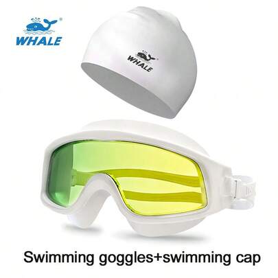 WHALE Large Frame Swimming Goggles And Swimming Cap Set, Includes Adjustable Strap Waterproof Anti-Fog Clear Goggles And Comfortable Silicone Unisex Swimming Cap - Essential For Swimming Training