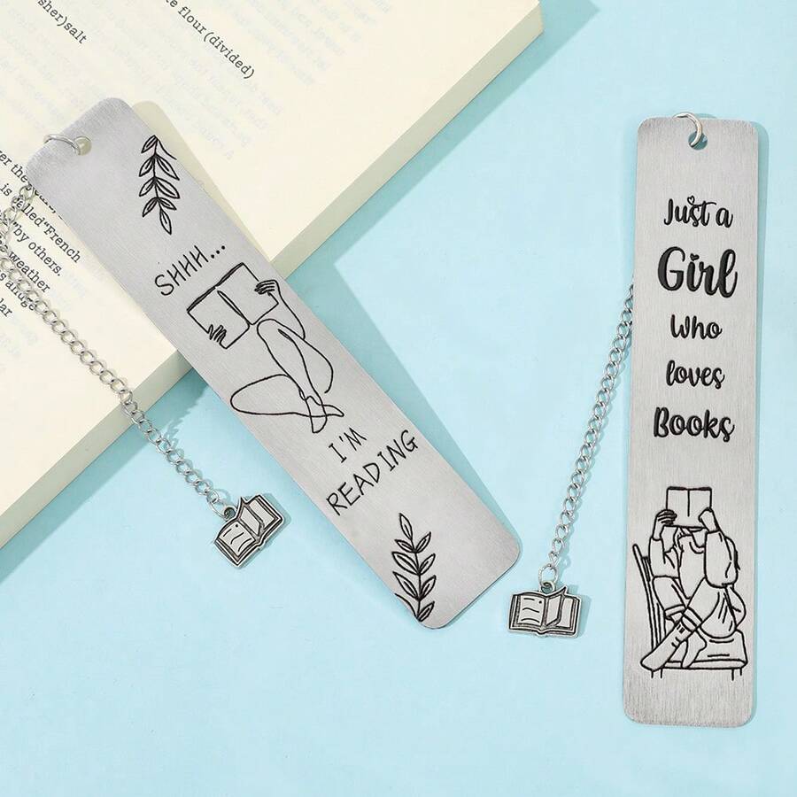 极简主义阅读语录不锈钢书签套装 - 书籍造型吊坠线条艺术设计，送给爱书人士和女性的完美礼物