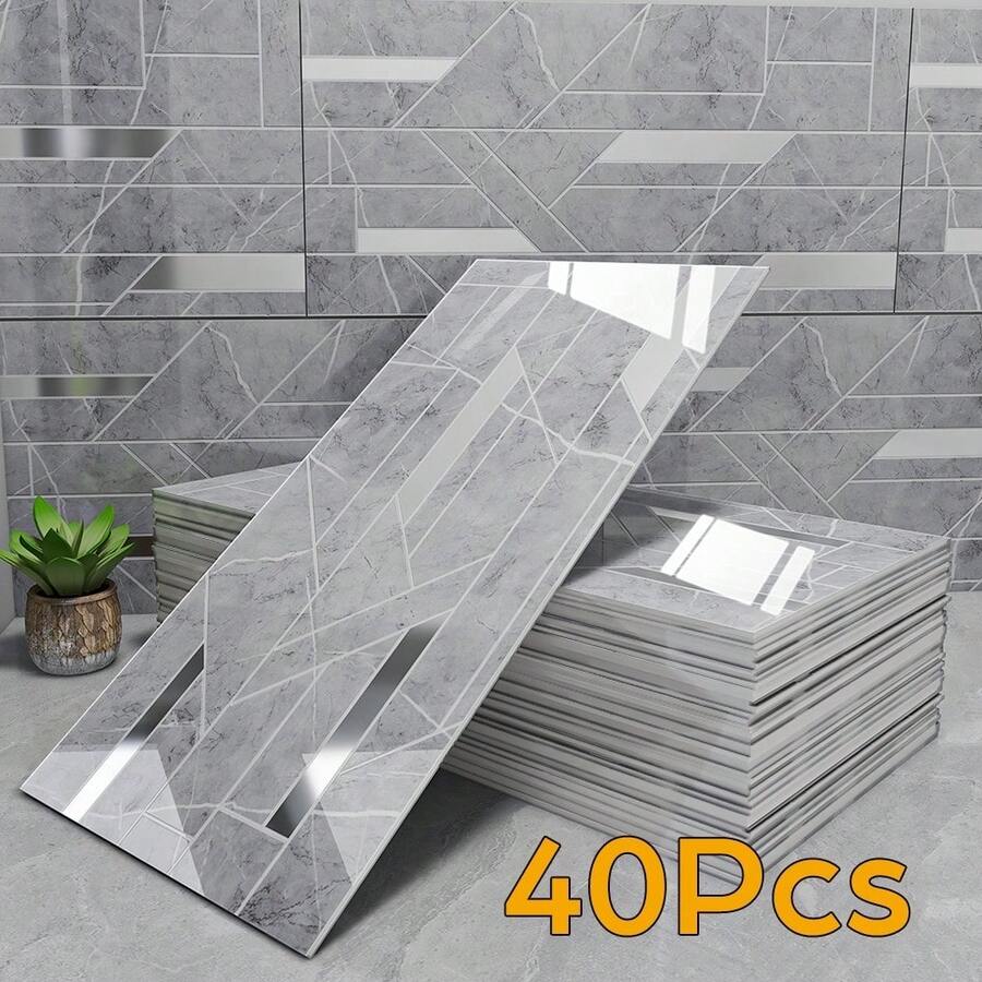 40pcs Premium 3D Marble Effect Wall Panels Sticker PVC Self-Adhesive Home Decor - như hình ảnh - Xem 1