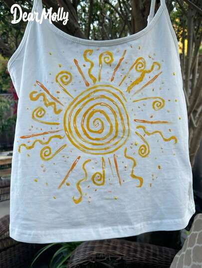 DEAR MOLLY Retro American Sunshine Daydream Brushstroke Sun Graphic Spaghetti Strap Cropped Tank Top, Y2K Midriff-Baring Niche Design Casual