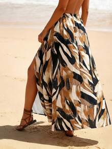 女士优雅夏季树叶印花A字侧开衩长裙，适合夏季和度假穿着 - 彩色 - 查看 2