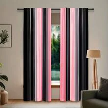 2D Flat, 2D Printing 2pcs, Elegant Black & Pink Gradient Curtains - Polyester, Light Filtering Rod Pocket Drapes For Bedroom, Living Room, Office - Semi-Transparent, Fashionable Home Decor With Sleek Black Rods, Office Window | Modern Curtains |, Dec - 2pcs - 查看 7