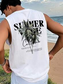 1pc Men's Summer English Text & Palm Tree Print Casual Sleeveless Tank Top - White - View 1