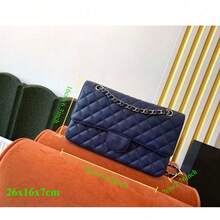 Dark Blue Quilted Leather Shoulder Bag – 26x16x7 Cm Handmade Chain Crossbody Bag With Turn-Lock Closure And Dust Bag - Dark Blue - 查看 10