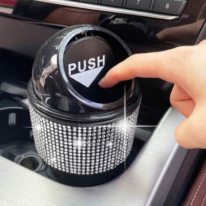 1 thùng rác mini đính đá lấp lánh cho ô tô, có ngăn đựng cốc và hộp đựng đồ ở giữa, thùng đựng đồ trang trí xe hơi đính đá, phù hợp với nội thất xe hơi.