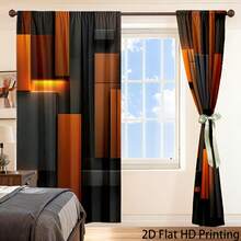 2pcs Modern Abstract Black & Orange Curtains - Light-Filtering Opaque Window Drapes With 3D Rectangular Blocks Design, Machine Washable Polyester , Window Curtain Panels For Bedroom Living Room Home Decor - 2pcs - View 5
