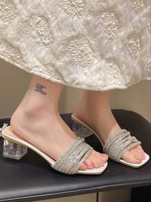 Women's Crystal Heel Wedge Toe Ring Sandals, Fashion Transparent Chunky Heel Beach Vacation Slippers - Beige - View 3