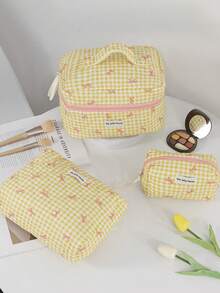 3pcs/Set Multi-Size Yellow Plaid Bow Makeup Bag, Multifunctional Cosmetic Organizer Bag, Ladies Small Makeup Pouch, Large Capacity Toiletry Bag, Suitable For Cosmetics, Chargers, Gift For Women, Girls, Students - Brown - View 8