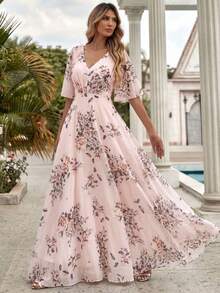 UNITHORSE [Cắt ngẫu nhiên] Đầm tốt nghiệp dáng chữ A cổ chữ V họa tiết hoa nhí dành cho nữ & đầm dạ hội trang trọng, đầm phù dâu bằng chiffon - Hồng - Xem 4