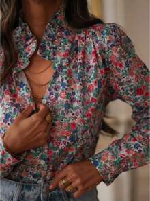 Blusa da donna con collo a balze e maniche a palloncino, motivo floreale, camicia casual, adatta per primavera ed estate, ideale per vacanze - Multicolore - Visualizzare 6