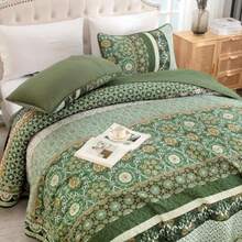 King Size Quilt Olive Green Spring Summer Bedspread Bedding Set 3 Pieces Bohemia Coverlet with 2 Pillow Shams for All Season 110x90 Inch - Verde Oliva - Ver 4