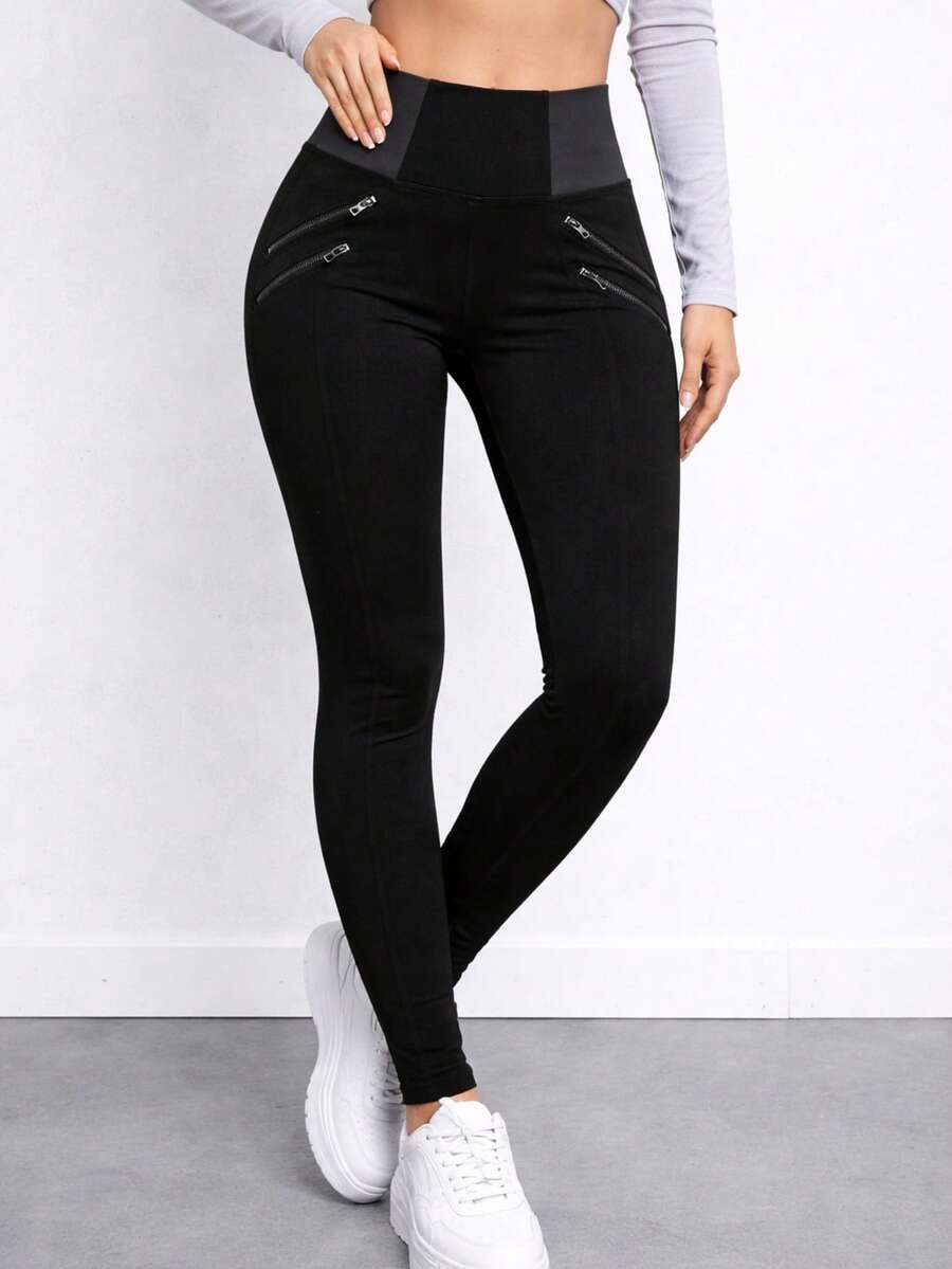 Leggins Costillero 4 Cierres Decorativos Horizontales - Negro - Ver 1