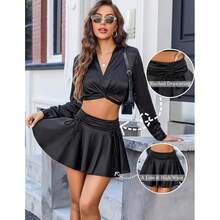 Women Pleated Mini Skirt Y2k Drawstring Short Skirts Ruched Skater Skirt Cute Rave Outfit - 黑色 - 查看 4