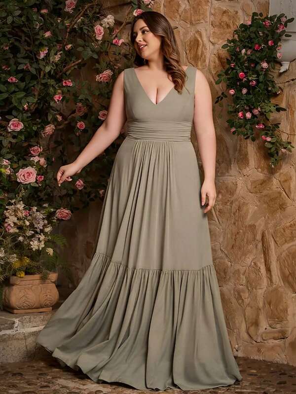 Women Plus Size Elegant Solid Color Elegant Chiffon Ruffle V-Neck Bridesmaid Dress, Ruffled Evening Dress For Wedding Guest, Maid Of Honor, Formal Occasion, Event, Wedding, Party, Spring/Summer/Autumn