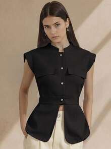 Amyenjoylife Modern Filipiniana Sleeveless Stand Collar Button-Up Peplum Top, Black - 黑色 - 查看 1