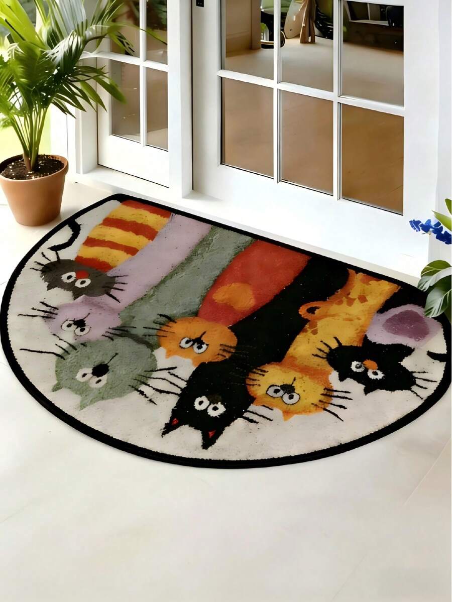 1件装耐用半圆形迎宾垫 - 可爱卡通猫咪图案，可机洗，适用于玄关、厨房、浴室、花园、客厅，是送给爱猫人士的绝佳礼物 - 彩色 - 查看 1