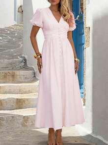 Đầm nữ PoPoHouse màu trơn thanh lịch cổ chữ V tay phồng, thích hợp mặc đi nghỉ dưỡng, mùa xuân/hè. - Màu Hồng baby - Xem 4