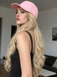 26英寸金色长卷发假发，配有粉色一体式棒球帽，耐热，适合日常佩戴 - 金色 - 查看 4