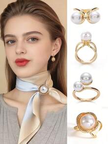 4pcs Gold Scarf Clips Set, Zinc Alloy Faux Pearl Square Scarf Holders - Gold - View 1