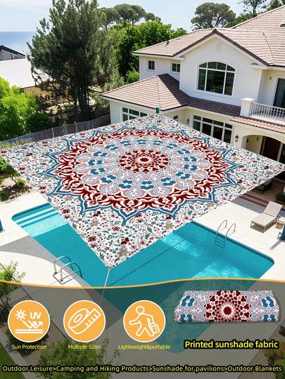 1件装户外加厚防水防晒渐变曼陀罗花卉绿色波西米亚图案户外花园露台遮阳篷沙滩遮阳篷（含绳，不含支架）