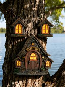 1 Set Wooden Fairy Tale Treehouse 3 Pieces Set, Garden Tree Decor Hanging Ornament, Outdoor Yard Miniature Landscape Accessory - B - View 9