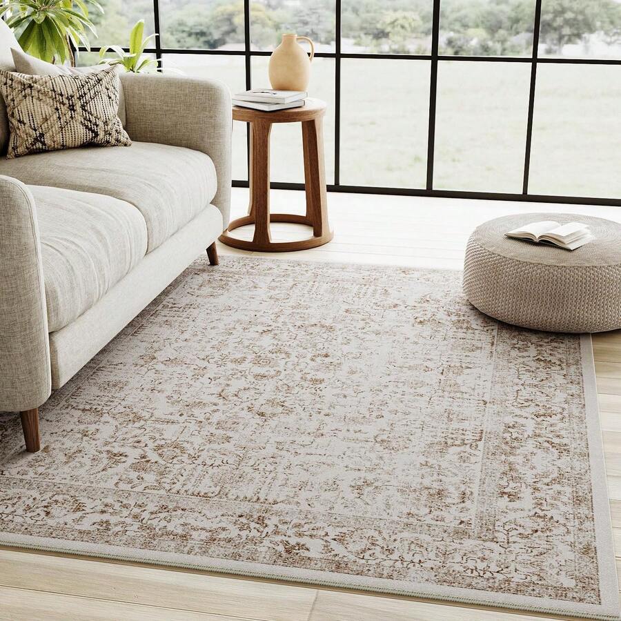 HUGEAR Vintage Taupe Waschbarer Teppich Wohnzimmer 150x210cm Retro Rugs Living Room Weich rutschfest Groß Tepich Kurzflor Schlafzimmer Carpet Living Room Bedroom Esszimmer Teppiche Büro - Akzent Hellbraun - Übersicht 1
