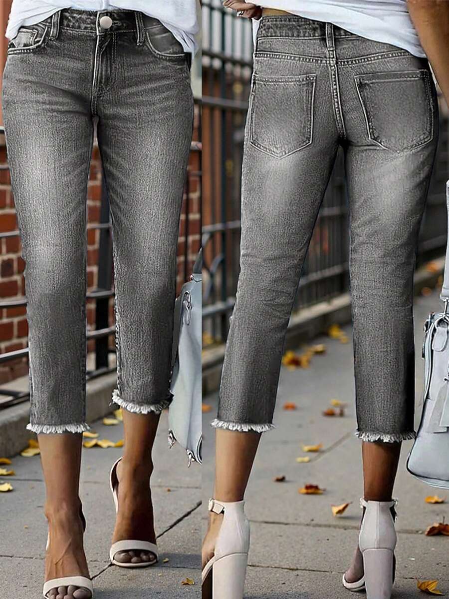 女士百搭休闲日常通勤简约风格牛仔裤，适合春夏穿着 - 淺灰 - 查看 1
