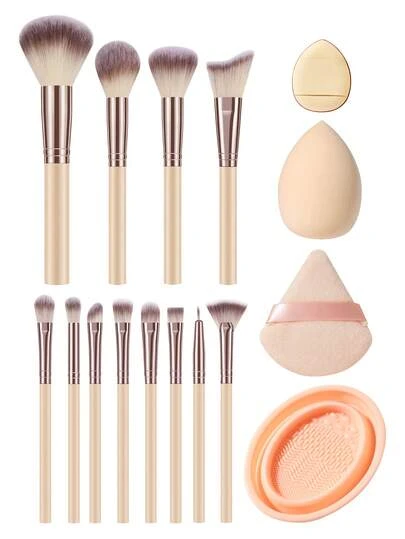 16PCS Makeup Tools Set Including:12PCS Makeup Brush Set+1pc Mini Air Cushion Powder Puffs+1pc Makeup Sponges+1pc Triangle Powder Puffs+1pc Makeup Brush Cleaning Tools