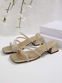 Sandal Hak Tebal Berhiaskan Rhinestone Gaya Prancis, Desain Musim Panas Terbaru dengan Tali Tipis, Melangsingkan, Modis, Serbaguna, Hak Tinggi yang Elegan - Emas - View 5