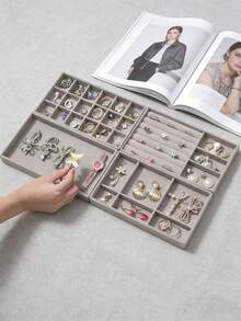 1/4件装天鹅绒首饰托盘，多隔层戒指耳环项链展示收纳托盘，桌面首饰收纳架 - 彩色 - 查看 3