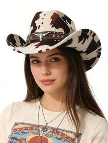1pc Unisex Polyester Cow Print Cowboy Hat - Leather Rivet Bull Head Decor, Perfect For Horse Riding, Outdoor Travel, Cowboy Party, And Daily Wear - Multicolor - View 1