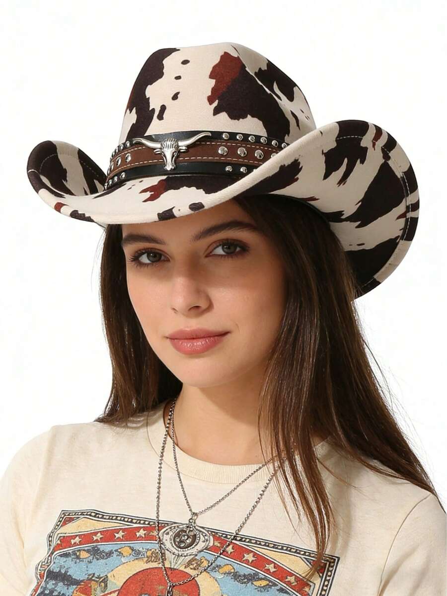 1pc Unisex Polyester Cow Print Cowboy Hat - Leather Rivet Bull Head Decor, Perfect For Horse Riding, Outdoor Travel, Cowboy Party, And Daily Wear - Multicolor - View 1