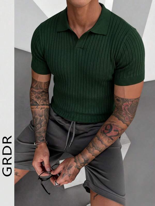  GRDR Herren Sommer Rippenpolo Kurzarm Shirt
