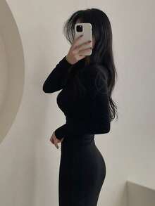 YCYC 女款 V 領前綁帶貼身洋裝，極簡性感風，秋冬款 - 黑色 - 查看 4