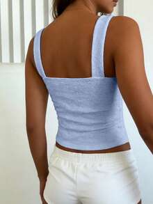 Women's Sexy Fitted Knit Square Neck Top, White Knit Jacquard Textured Fabric Tank Top, Fitted Regular Summer Women's Solid Color Tank Top Casual - Dusty Blue - View 5