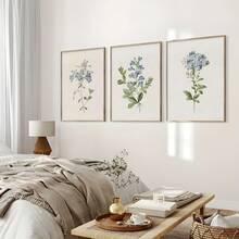 一套三幅复古蓝色植物画廊墙面艺术印刷品，乡村风格墙面装饰，花卉艺术帆布海报，乡村农舍风格装饰，适用于客厅、卧室、厨房、餐厅、咖啡厅、家庭办公室、走廊、家居和房间装饰 - 彩色 - 查看 8