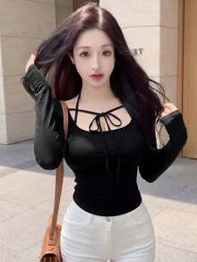 新款性感露肩修身短款上衣，袖口系带，适合春夏穿着 - 黑色 - 查看 7