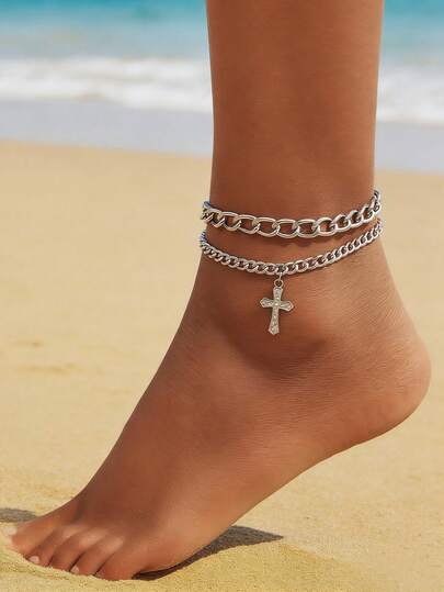 2件套金属粗链十字架吊坠脚链套装，时尚配饰，适合日常佩戴和度假