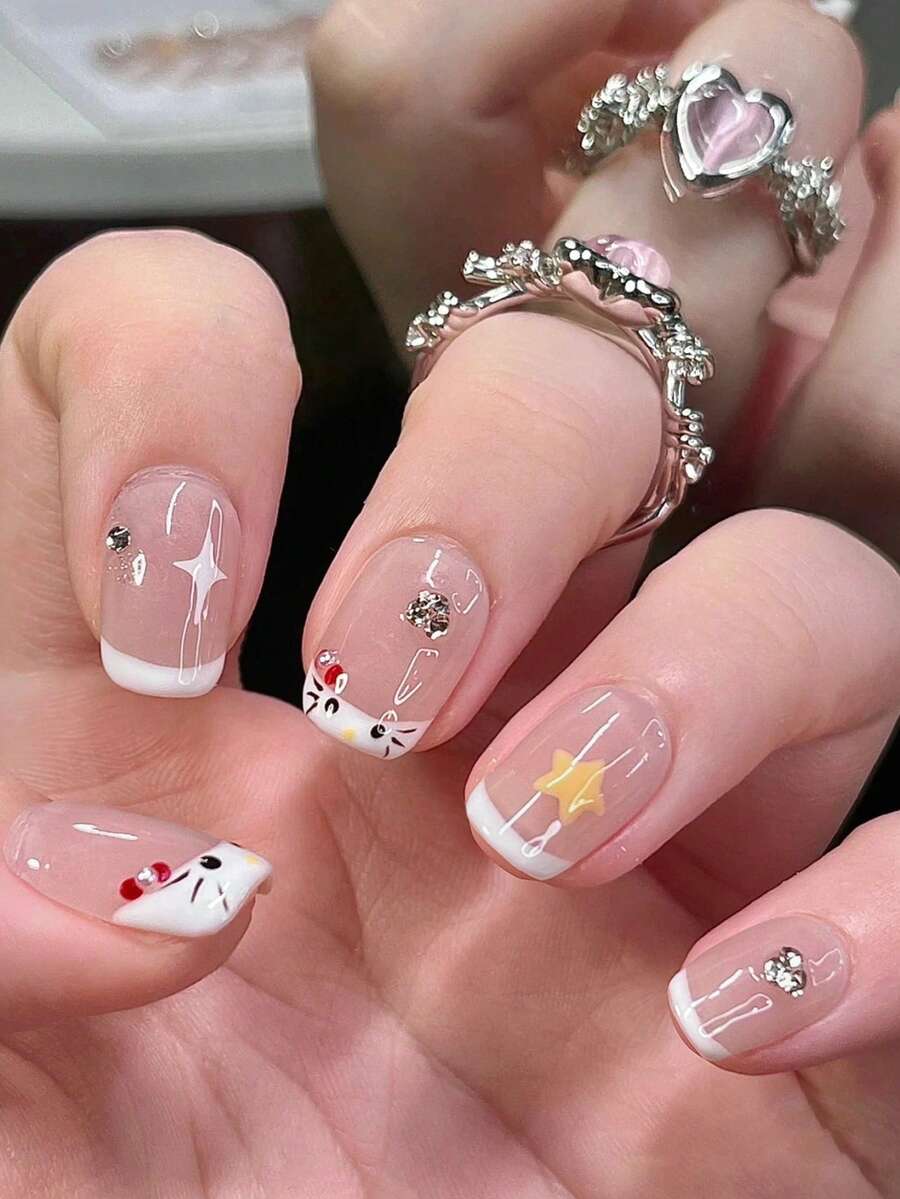 SANRIO Bộ 24 miếng dán móng tay vuông ngắn, kiểu móng tay Pháp với họa tiết ngôi sao, nơ và đá lấp lánh dễ thương, bao gồm 1 gel dán và 1 dũa móng, phù hợp cho nữ sử dụng hàng ngày và dự tiệc. - Nhiều màu - Xem 1