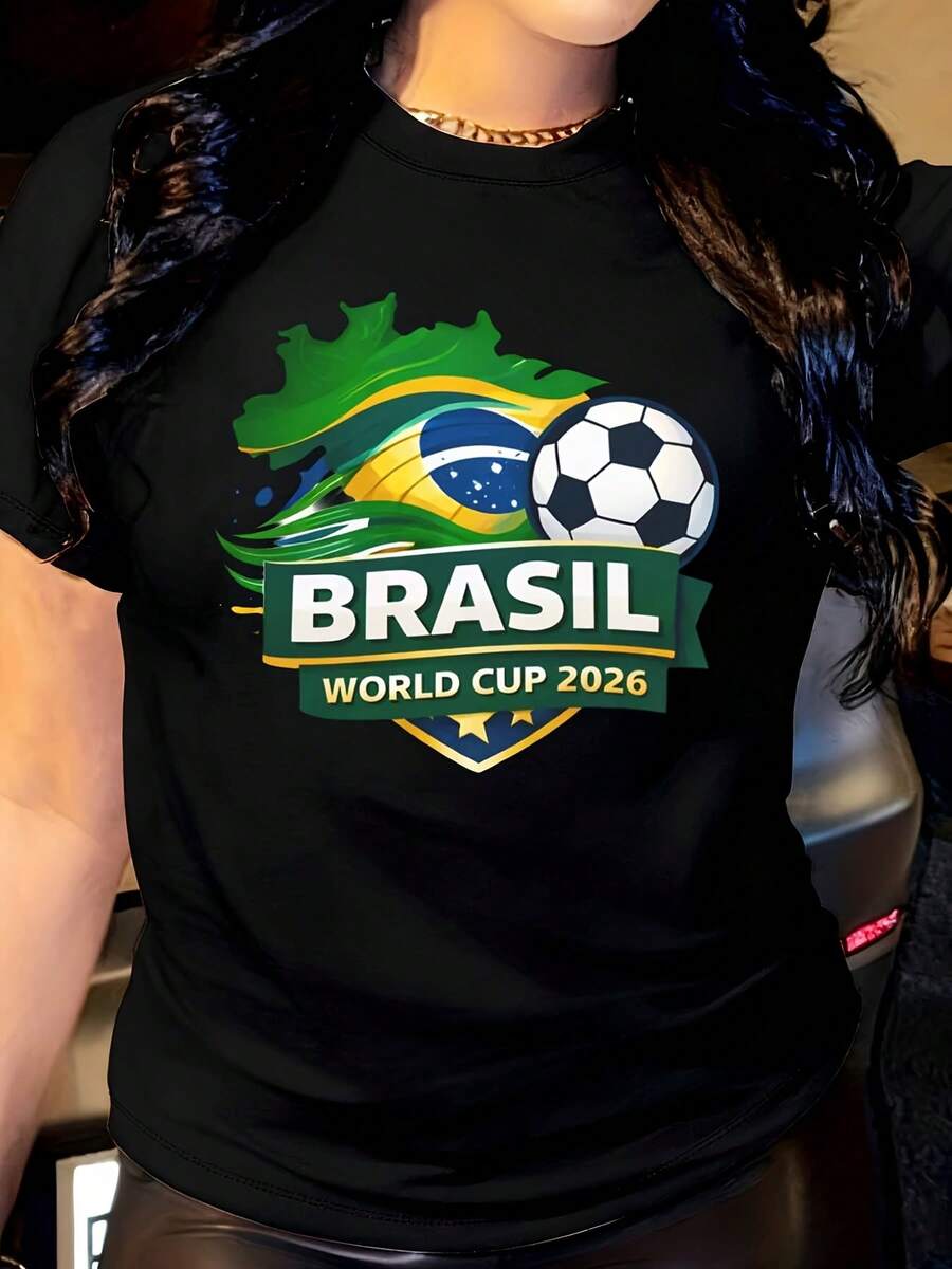 Brasil World Cup 2026 Soccer Ball And Flag Design Women's T-Shirt Casual Crew Neck Short Sleeve Sport Inspired Graphic Tee For Football Fans - 黑色 - 查看 1