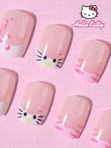 SANRIO Bộ 24 miếng dán móng tay vuông ngắn 3D họa tiết da báo lấp lánh đính kim sa, kèm nơ trang trí dễ thương, phù hợp với bộ móng acrylic, kèm 1 lọ keo gel và 1 dũa móng, dùng cho nữ và bé gái hàng ngày và dự tiệc. - Nhiều màu - Xem 4